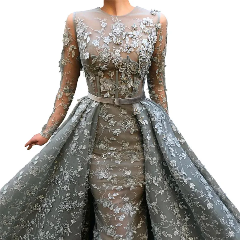 Серые мусульманские Вечерние платья Русалка с длинным рукавом женское длинное