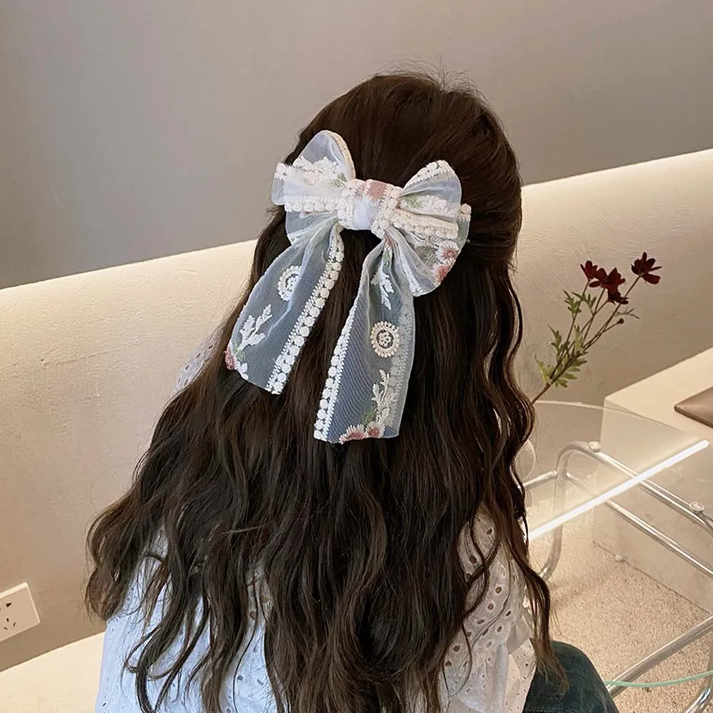 

Rose Flower Net Yarn Bow Hairpin Long Ribbon Spring Clip INS Girl Korean Hair Clip Headdress