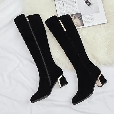 Зимние высокие каблуки для женщин с матовыми ботинками и заостренными носками |