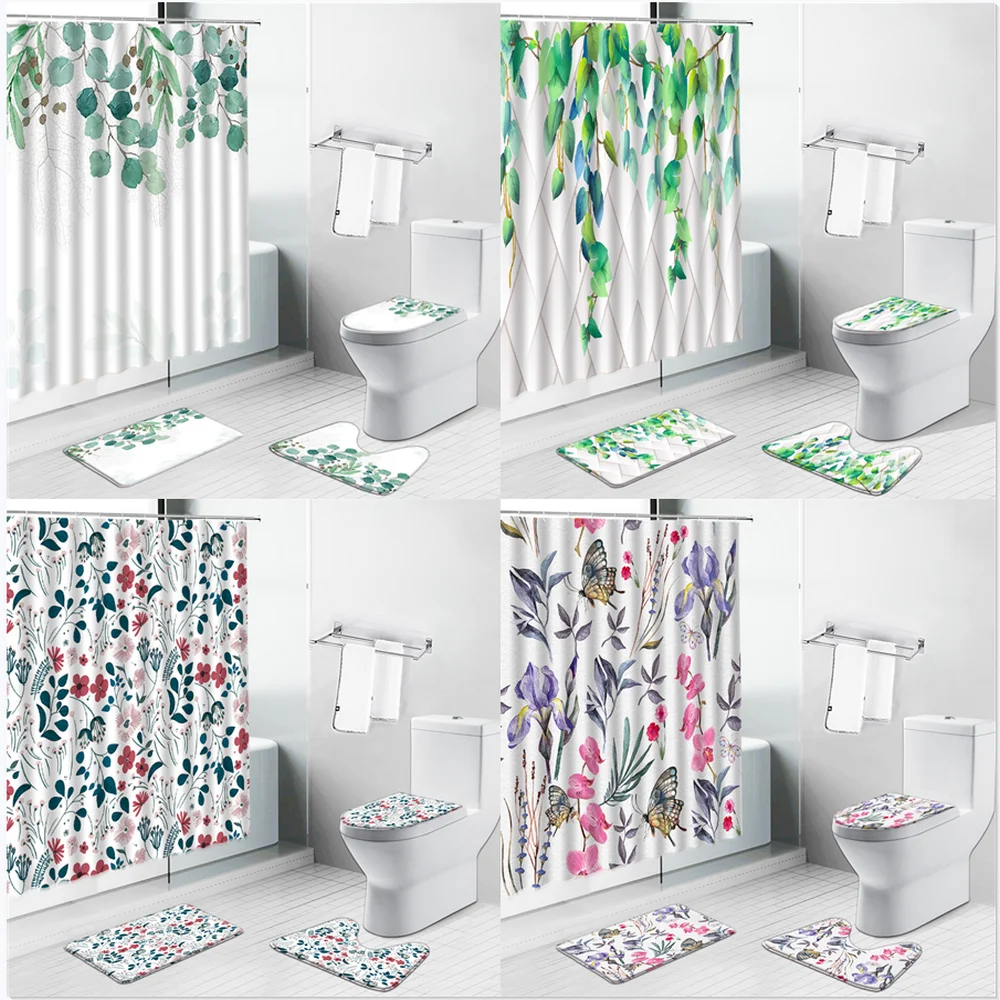 

Green Leaves Shower Curtains Flower Leaf Non-Slip Bath Mat Toilet Cover Rug Kitchen Carpet Watercolor Bathroom Decor Curtain Set