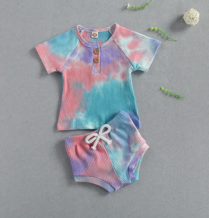 

Summer Infant Baby Girls Clothes Sets Tie-Dye Printed Knit Short Sleeve T Shirts Tops Shorts