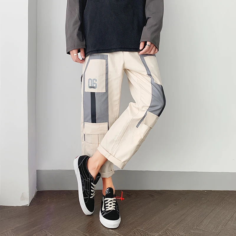 

Men Cargo Pants Black Ribbons Block Multi-Pocket 2022 Harem Joggers Harajuku Sweatpant Hip Hop Casual Male Trousers