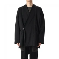mens windbreaker jacket wool kimono jacket japanese v neck dark black