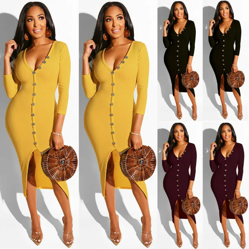 

Women Dress Sexy V-Neck Long Sleeve Solid Color Button Split Midi Dress Off Shoulder Fashion Evening Party Dresses Autumn Dress
