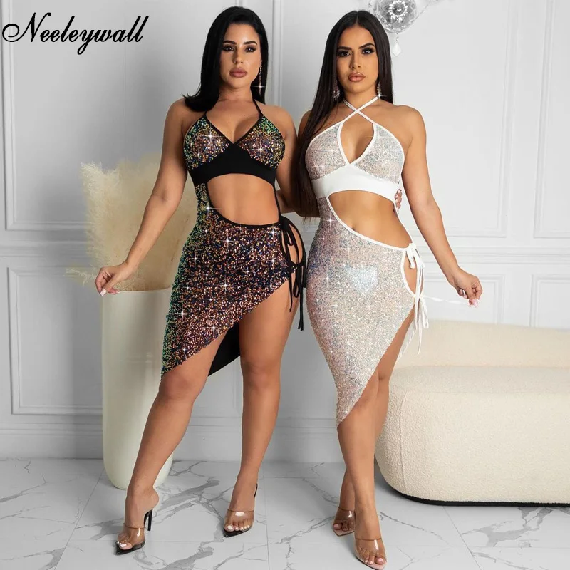 Красивое многоцветное платье Neeleywall средней длины с блестками и вырезами женское