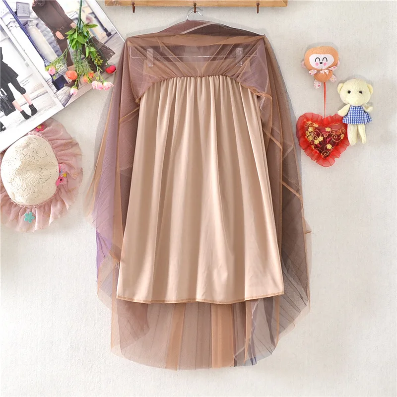 

Qooth Pleated Color Match Mesh Skirt Spring Mid-Length High Waist All Match Skirt Elastic Waist Big Swing Lining Skirt QT700