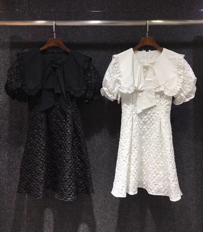 

2021 new women fashion big lapel bow jacquard decoration bubble short sleeve skirt dress 430