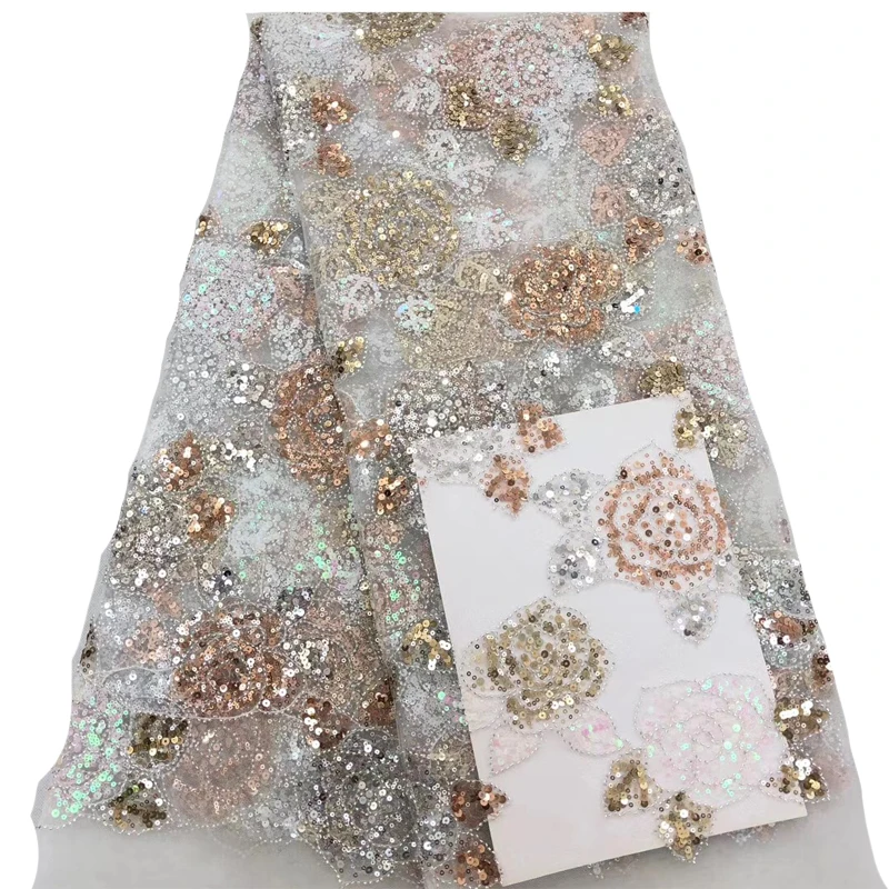 

Embroidered Sequins 5 yards African French Mesh Tulle Lace Fabric Floral Nigerian Net Lace Fabric for Sewing