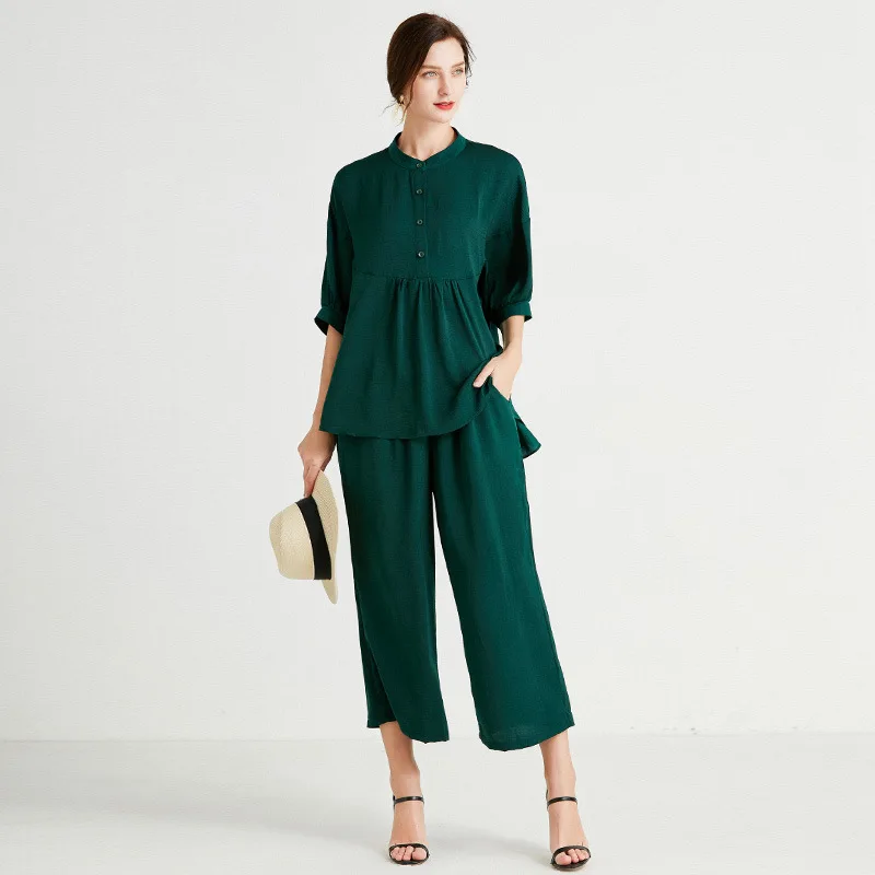 

Plus Size Women Clothing Elegant Fashion Solid Color Two Piece Set 4XL Summer 2021 Lady Short Sleeve Shirts and Wide Leg Pants