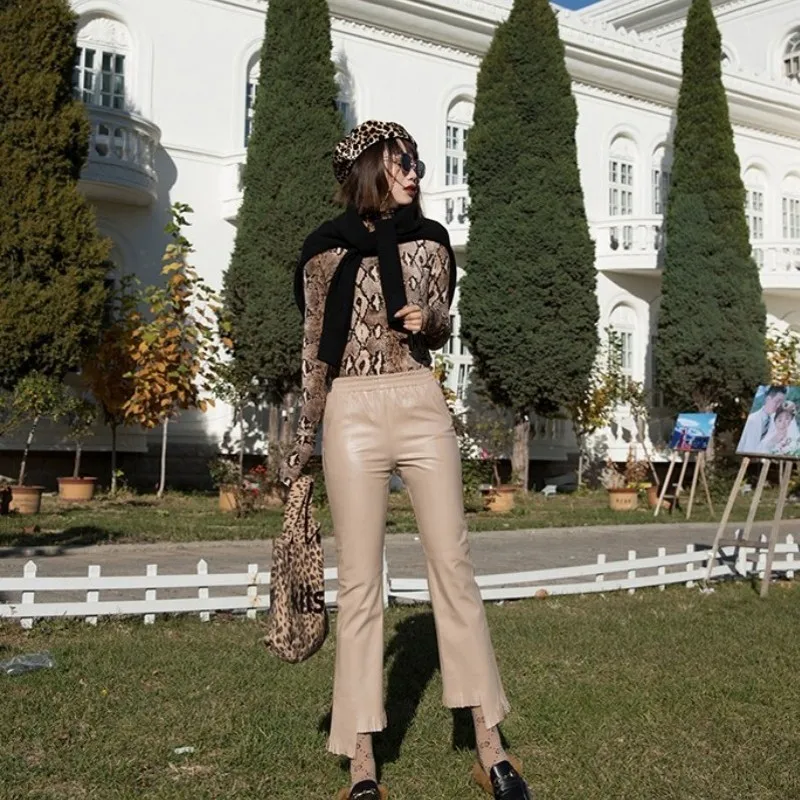 Весенние облегающие брюки из овечьей кожи кожаные женские однотонные до