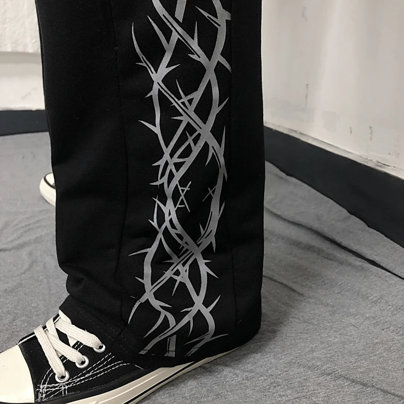 

Harajuku casual unisex winter straight pants loose thorn print black women Sweatpants streetwear cool girl ladies pants
