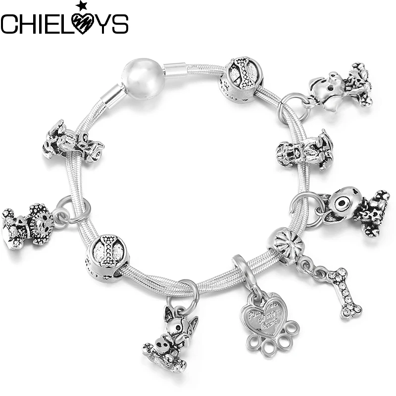 

Animal Cute Dog Series Dog Paw Bone Beads Charm Bracelet With Silver Plated Chain Bracelets Bangles For Women Kids Jewelry Gift
