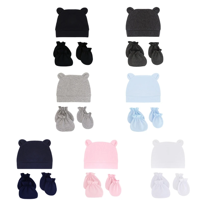 

Baby Anti Scratching Soft Cotton Gloves Cute Ears Hat Set Infants Newborn Mittens Beanies Cap Kit for Todddles