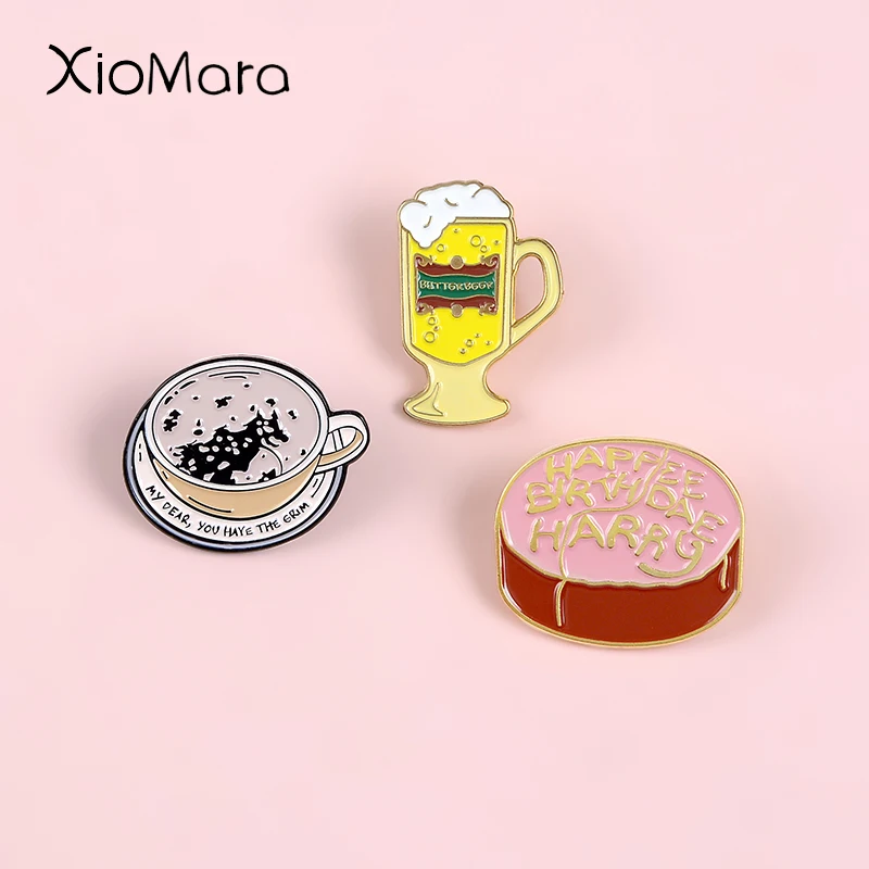 

Magic Birthday Meal Enamel Pin Butterbeer Cake Coffee Cup Brooches Shirt Lapel Bag Badge Book Movie Jewelry Gift for Fans