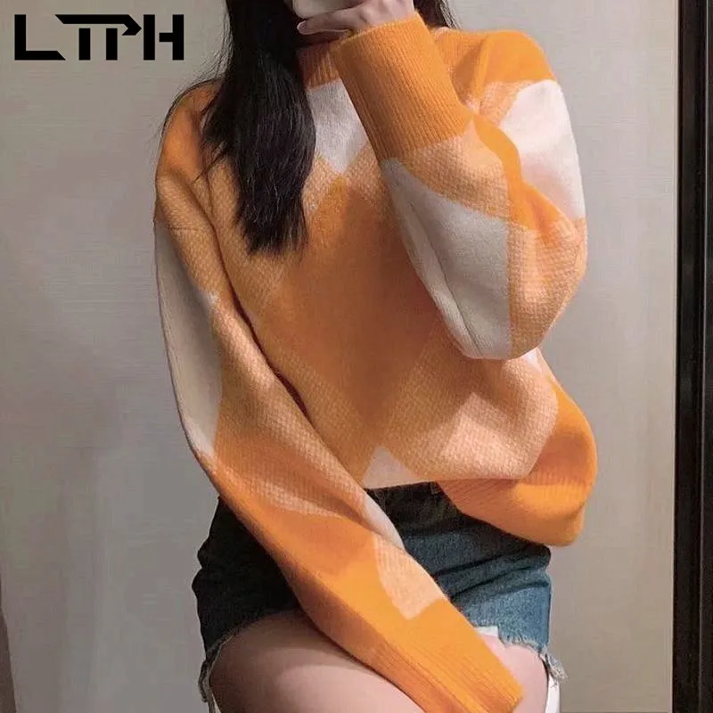 

LTPH винтажные оранжевые свитера с Аргайлом, женские свободные вязаные пуловеры большого размера, топ с длинными рукавами, повседневные Джем...