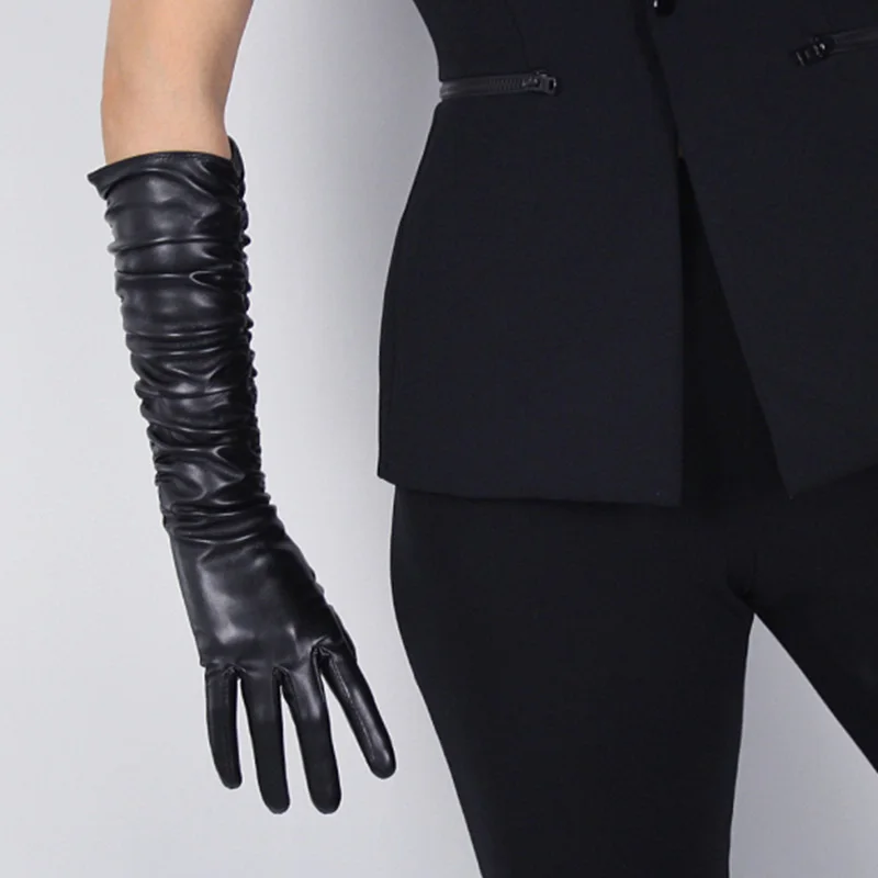 

Winter Women PU Leather Pleated Pile Sleeve Touch Screen Gloves Sexy Silk Lining 50cm Long Full Finger Warm Driving Mitten K52