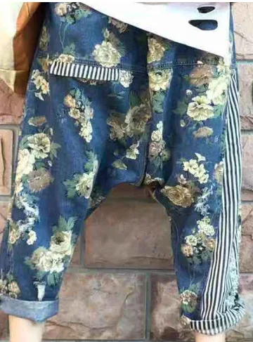 Women Baggy Low Crotch Denim Pants Patchwork Harem jeans Printed hip hop street dance cowboy Trousers Boyfriend Bloomers Joggers - Цвет: Picture color