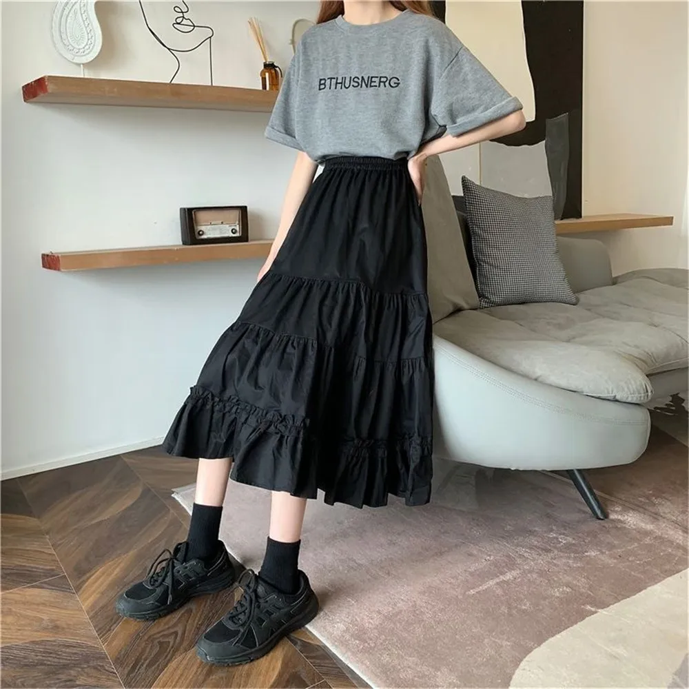 Black Goth Lolita Long Pleated Skirt Women Ruffles Vintage High Waist Harajuku Midi Skirt Summer Korean Patchwork Streetwear images - 6