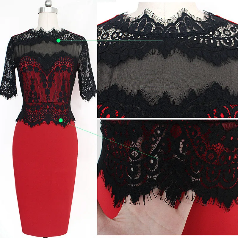 

TMWEVN Fashion Lace Dress Sexy Pencil Dress Middle Sleeve Plus Size Dress for Office Lady Women Dresses
