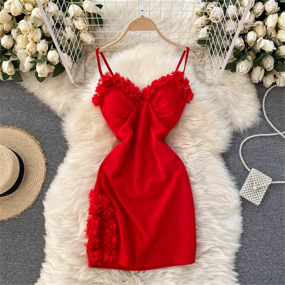 Women Summer Y2K Party Mini Dress Sexy V-neck Backless Slim Split Fork Floral Woman Short Red Sundres Female Dresses 2021