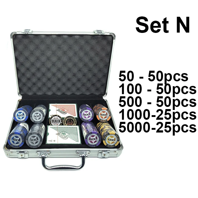 Set N Набор фишек для покера серии World, 200 шт., с дилером и все в комплекте, 2 пластиковые игральные карты и чемодан, 40*3,4 мм, 14 г - Цвет: Set N