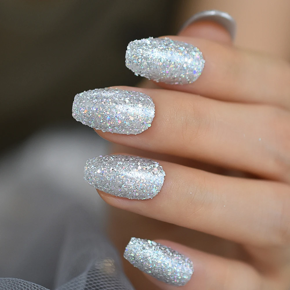 Накладные ногти Holo Bling с серебряным блеском предварительно разработанные
