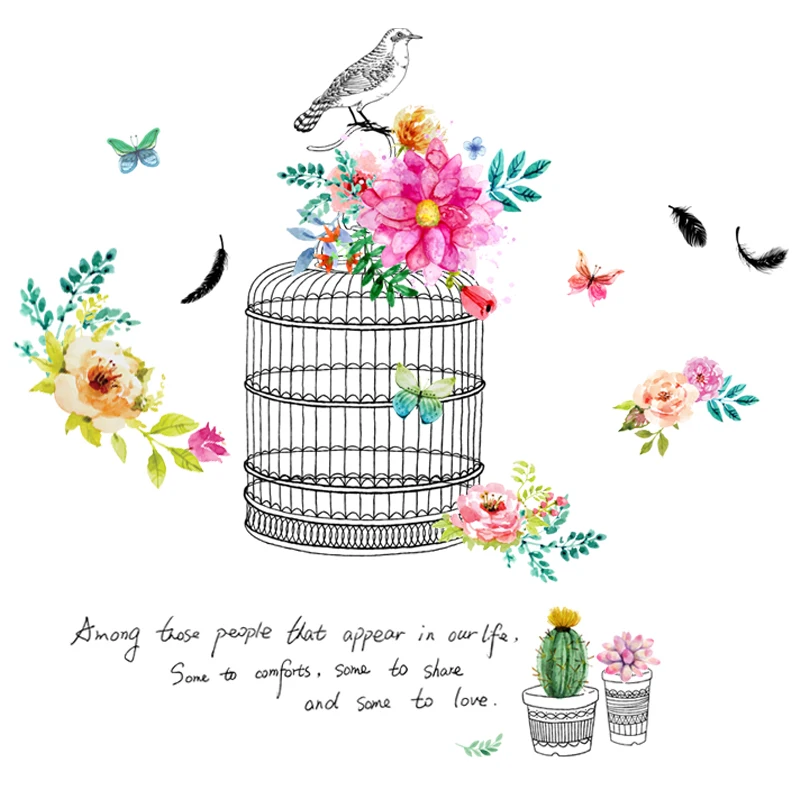 

Creative Bird Cage Wall Stickers Flowers Small Fresh Living Room Decoration Bedroom Furniture Decals Self-adhesive Wallpaper