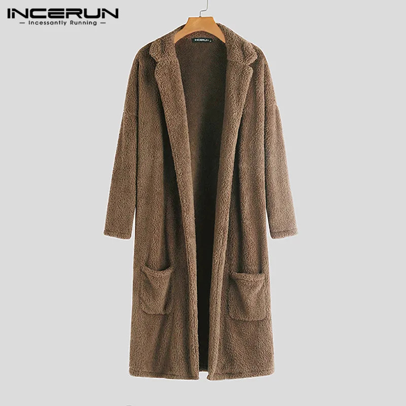 INCERUN, зимний модный мужской Тренч, верхняя одежда, однотонный, искусственный флис, длинный кардиган, длинный рукав, уличная одежда, пальто, пушистые куртки, пальто