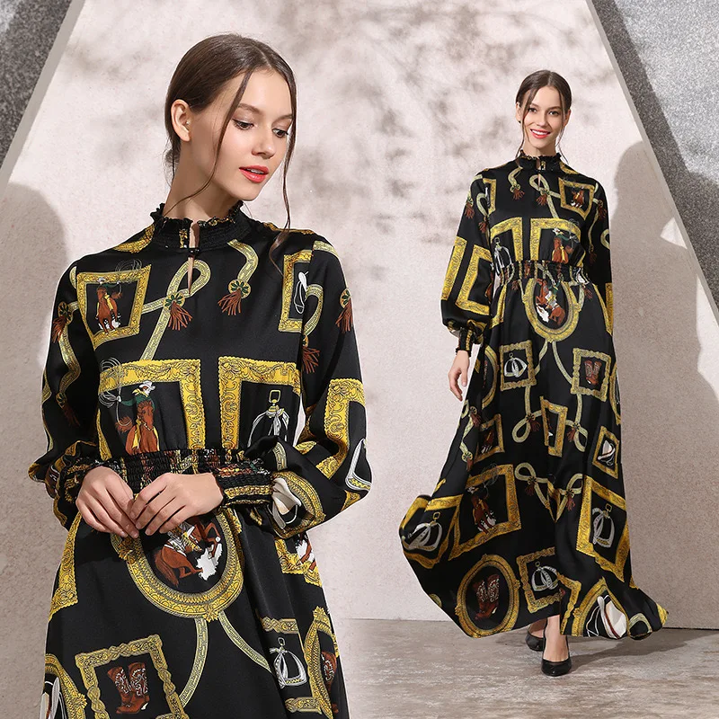 

2021 Autumn New Ladies Dress Simple Retro Print Slim Elastic Waist Long Sleeve Round Neck Fashion Skirt Woman Clothing WE317