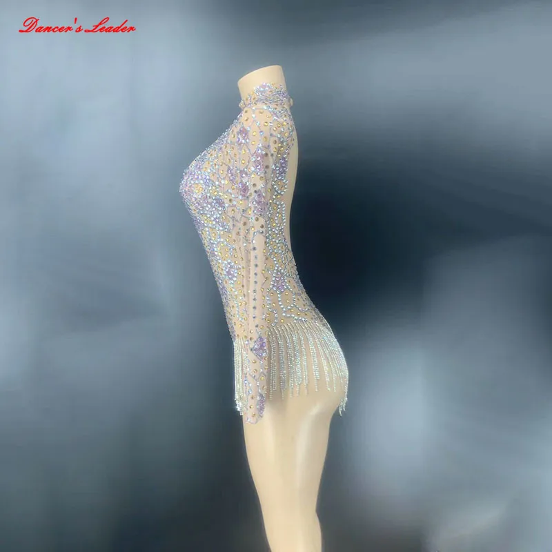 

Sexy Clothing Rhinestones Feather Net Yarn High One-Piece Dancer Costume DS Costume Female Singer Stage Wear Mesh Bodysuit