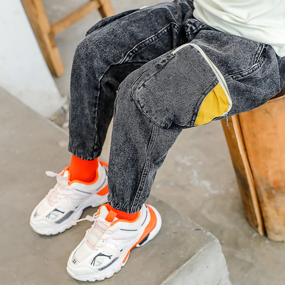 Джинсы для мальчиков детские джинсы в стиле пэчворк с карманами брюки карго