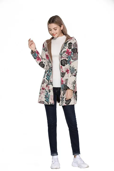 Женское пальто с цветочным принтом NXH осенне-зимняя плюшевая куртка капюшоном