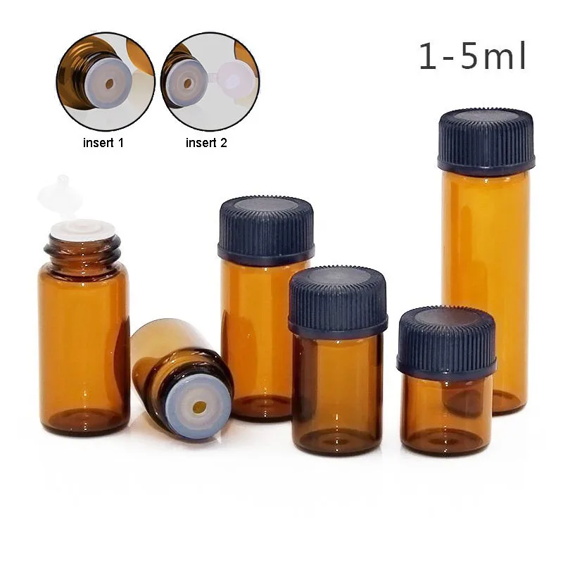 

200pcs/lot 1ml 2ml 3ml 5ml Small Amber Glass Essential Oil Bottle With Hole Insert Flip Off Orificer Cap Mini Sample Test Vials