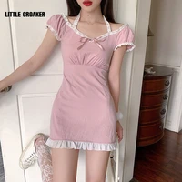 korean fashion lace trim pink dress women summer thin a line mini dress for sweet girl kawaii bow decoration lace straps outfits