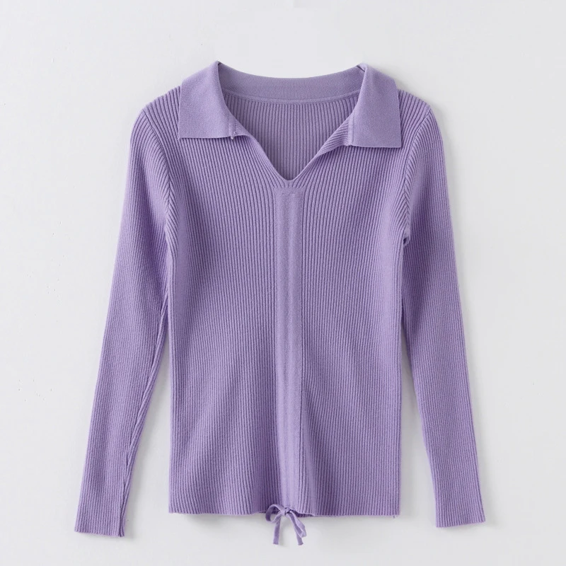 

QRWR 2021 Autumn Women Sweater Sexy Elegant V Neck Long Sleeve Knitted Casual Lace Up Basic Pullover Swater Women