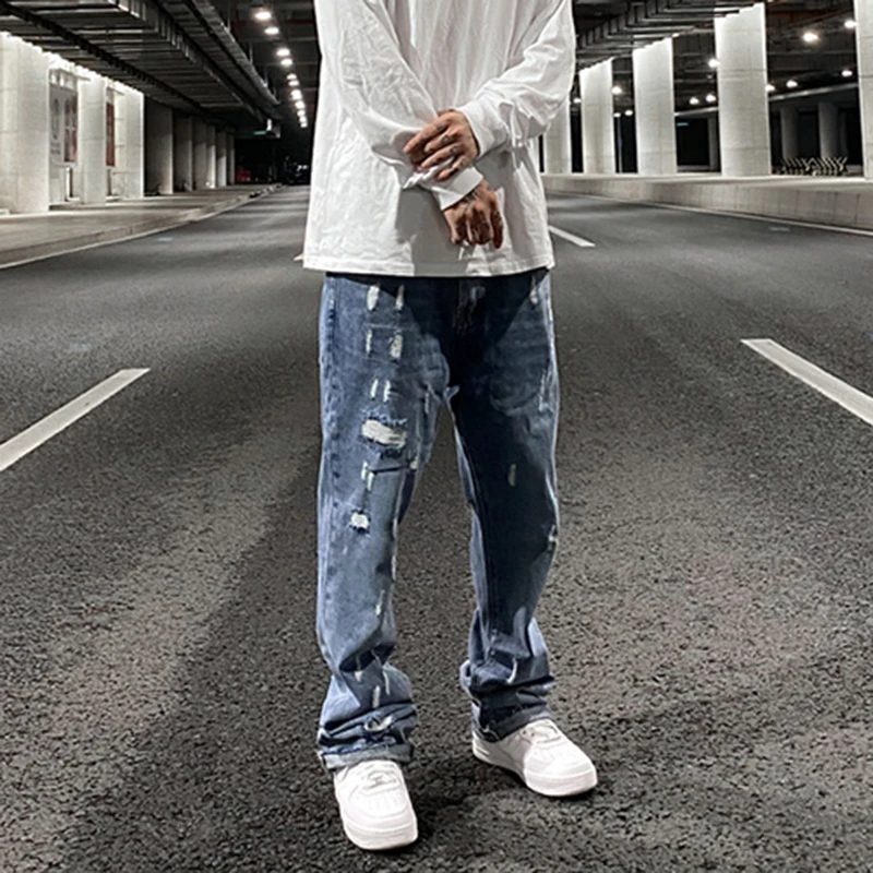 

2022 Color Block Hole Washed High Street Jeans for Men Straight Retro Frayed Casual Denim Pants Harajuku Baggy Oversize Trousers