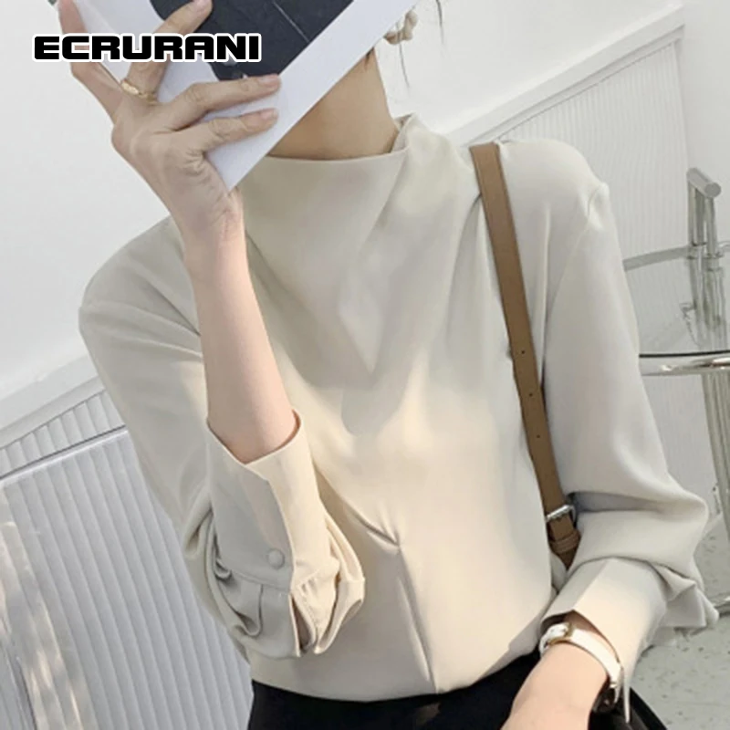 

ECRURANI Black Shirt For Women Turtleneck Long Sleeve Minimalist Solid Shirts Female New Clothing 2021 Spring Fashionable Tide