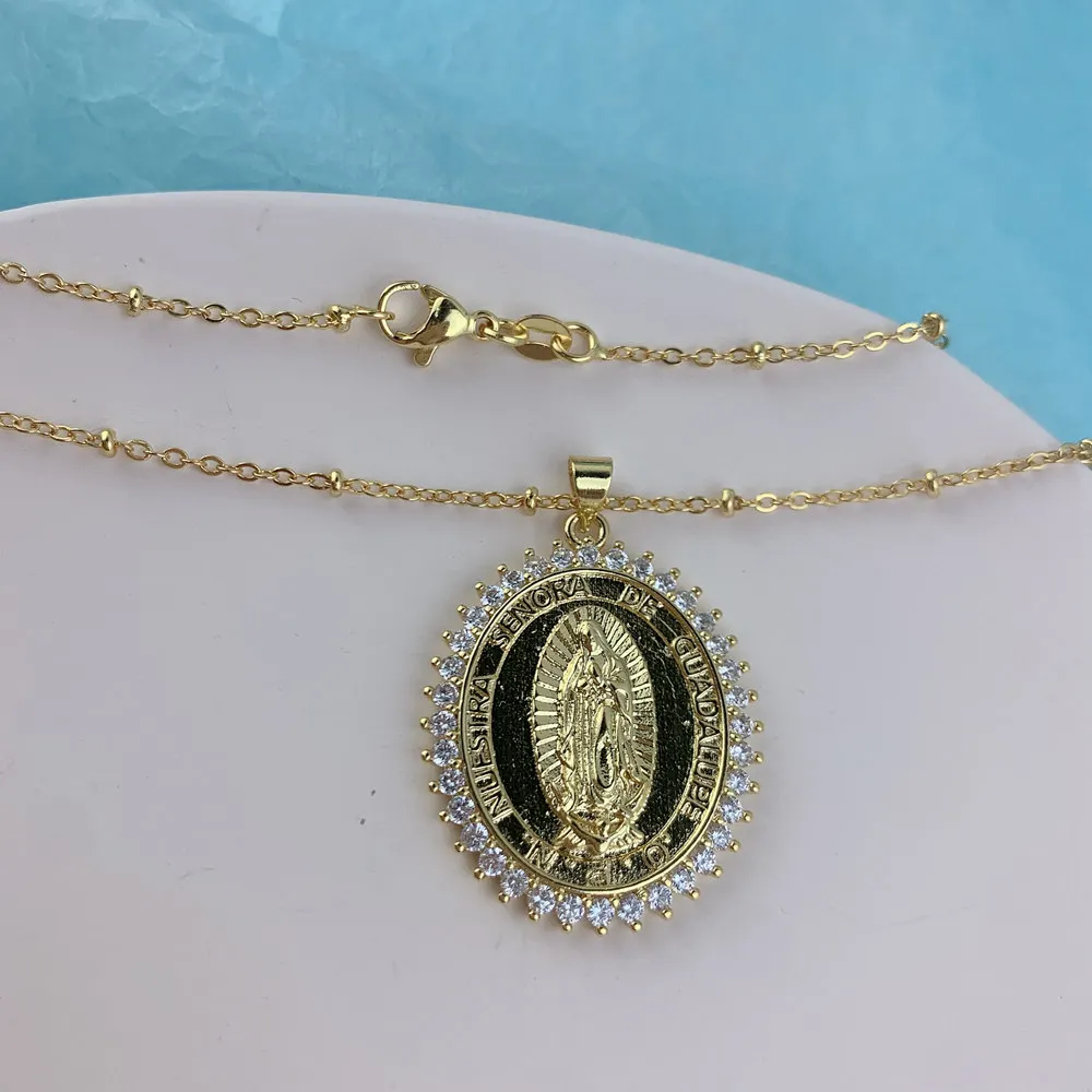 

Dainty Metal Zircon Oval Virgin Mary Pendant Necklace For Women Festival Gifts Jewelry