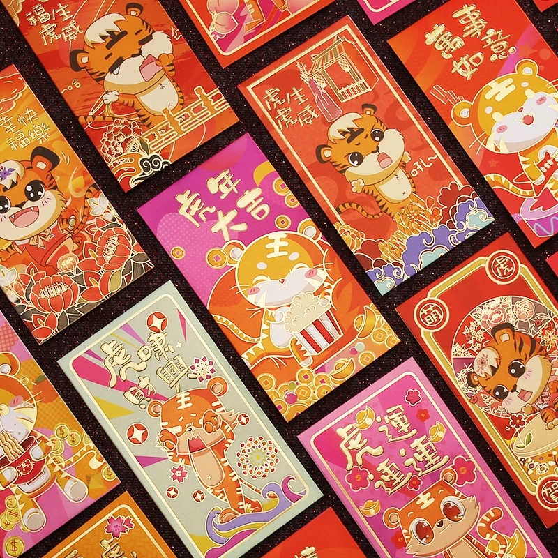 Все разные дизайн много мультяшных тигров новогодний красный конверт длинный