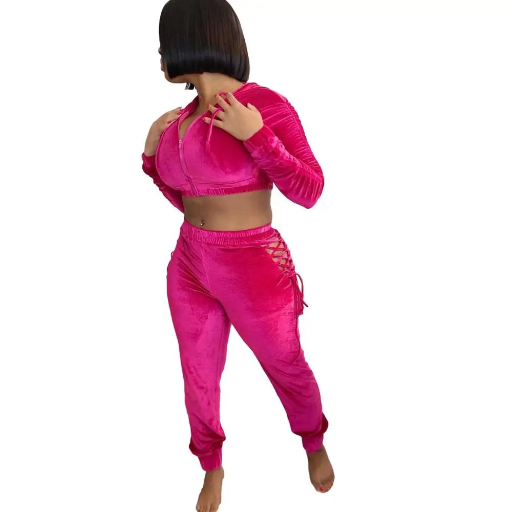 

Sexy Velvet Women Tracksuits Fashion Hollow Out Lace up Sweatpants + Hooded Zipper Short Jacket Two Pieces Fashion Party Sports