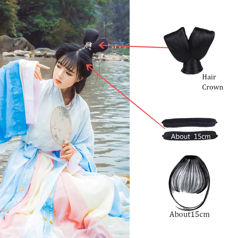 

HUAYA Wig Chinese Style Ancient Long Hair Synthetic Chignon Hair Crown Pad High Black Ox Horn Wig Chinese Retro Wig Hairstyle