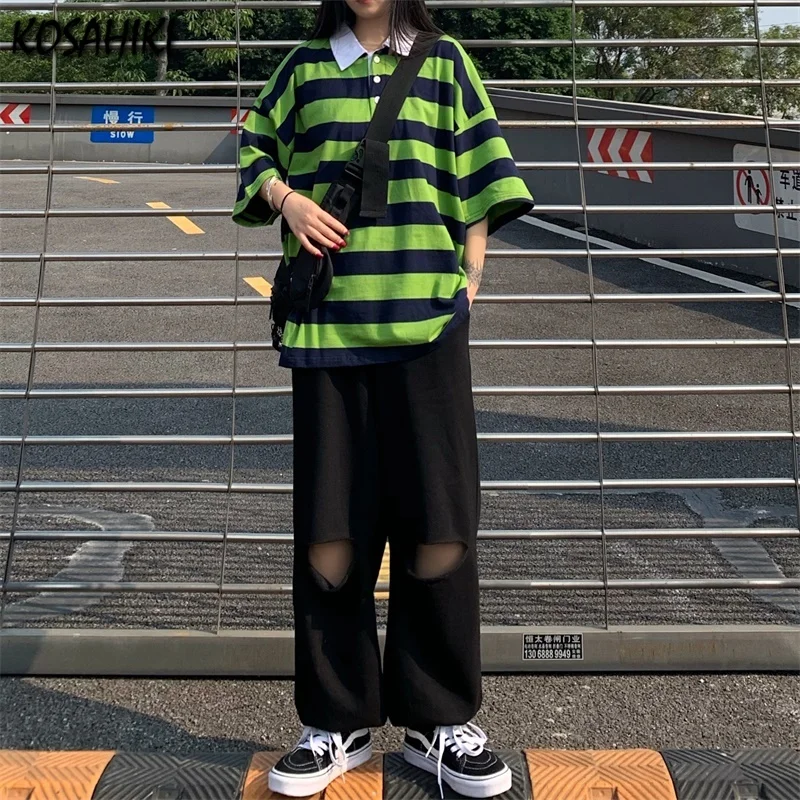 

KOSAHIKI Vintage Striped Print Green T-shirt Women Men Oversized Turn Down Collar Harajuku Tee 2021 Summer Casual Loose Tshirts