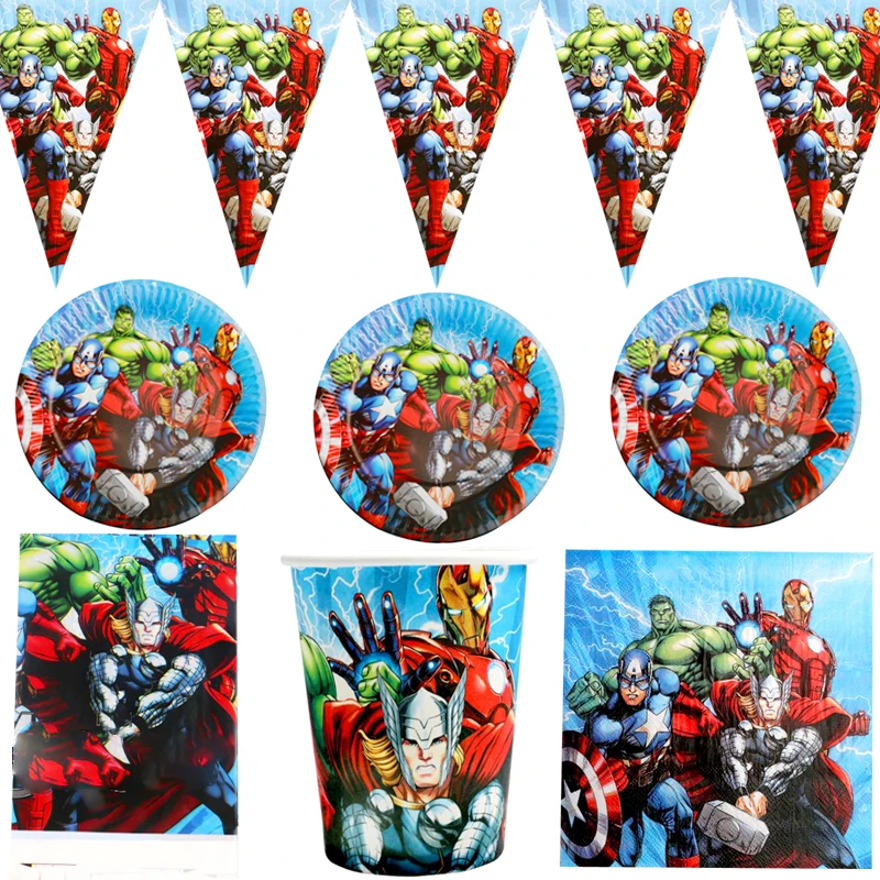 

Avengers Theme Party Tableware Set Napkins Happy Birthday Flags Plates Cups Decora Banner Boys Kids Favors Tablecloth 51PCS/LOT