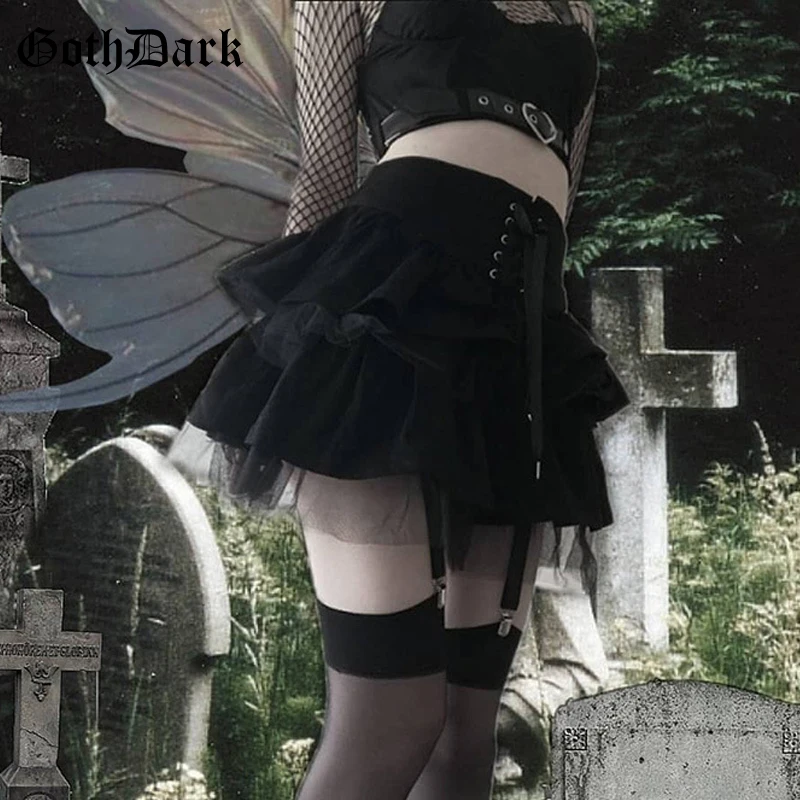 

Goth Dark Fairycore Grunge Black A-line Skirts Women Gothic Ruffles Velvet Mini Skirt Bandage High Waist Mesh Hem Alt Clothes