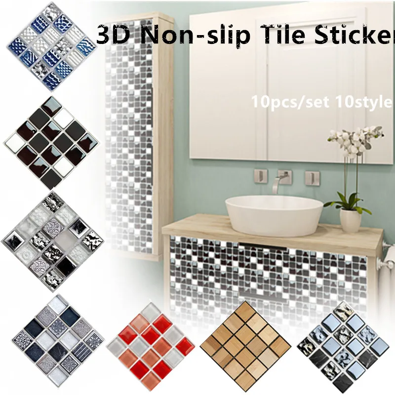 

10 pcs/set of Waterproof Living Room Kitchen Bathroom Decoration Detachable Non-slip Mosaic Style 3D Sticker Tile Sticker