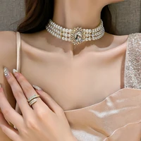 korean version of the new fashion crystal diamond multi row pearl choker necklace female personality retro exaggerated clavicle