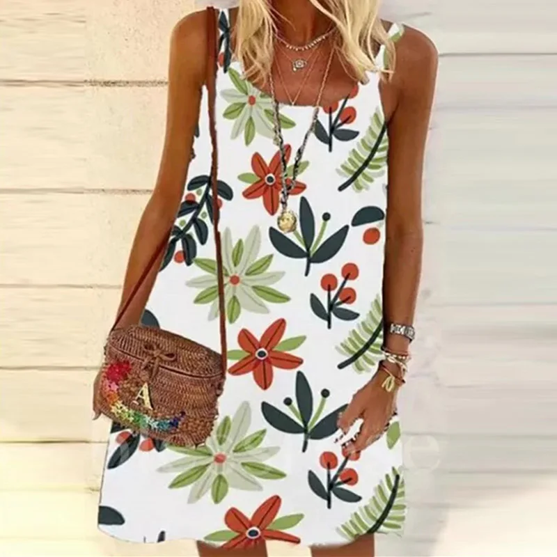 

Women Elegant Square Collar Office Lady Dress New Spring Floral Print A-Line Party Dress Summer Sleeveless Spaghetti Strap Dress