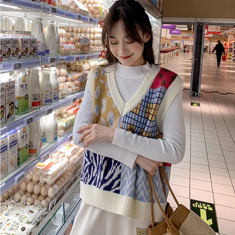 

SALEQI Women Vest Simple All-match Style V-neck Knitted Sweater Leisure Student Sleeveless Female Vintage sweater waistcoat