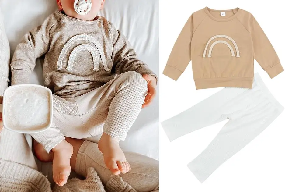 

Новинка, Детский Повседневный комплект одежды из двух предметов, пуловер с круглым воротником и однотонные брюки с радужным рисунком на вес...