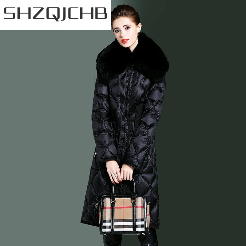 

Женский зимний пуховик SHZQ, с воротником из лисьего меха, облегающее пальто, длинная парка, элегантное пальто, верхняя одежда для зимы 06040